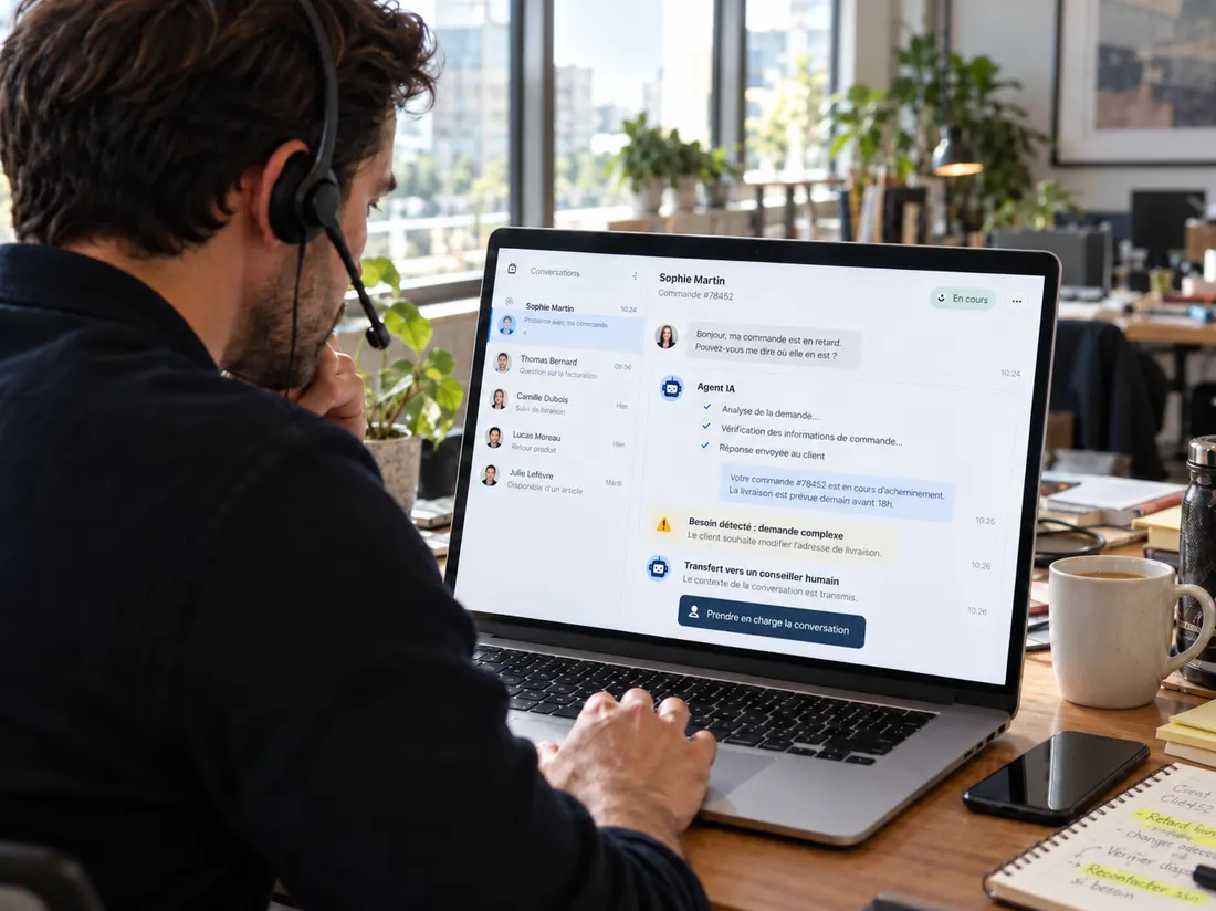 Customer service agent supervising an AI agent on their computer