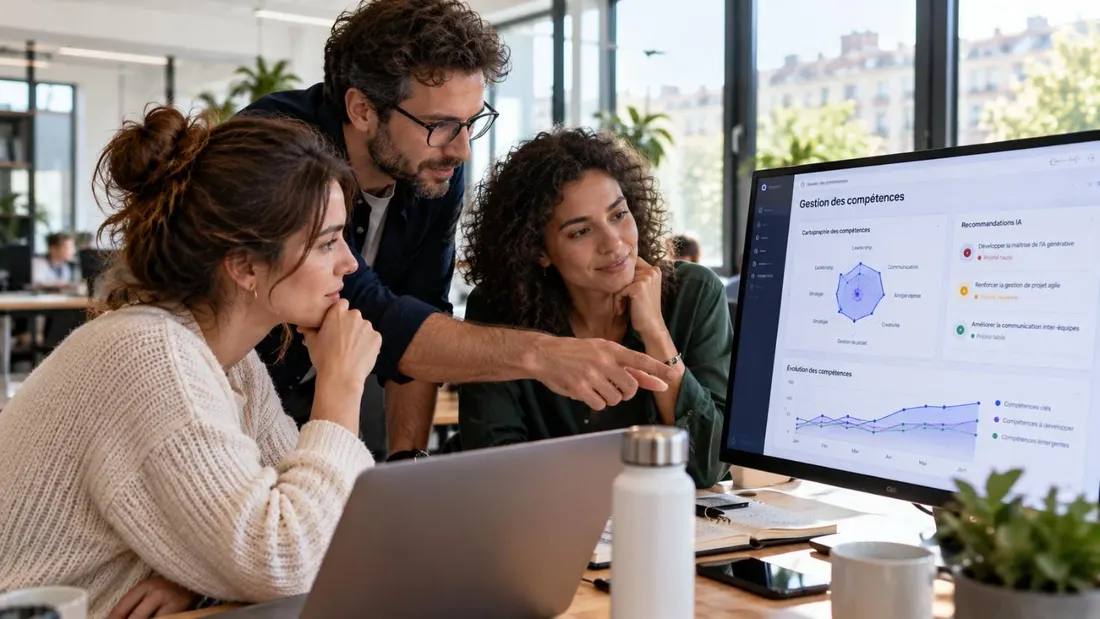 Three colleagues looking together at an AI-powered skills management dashboard