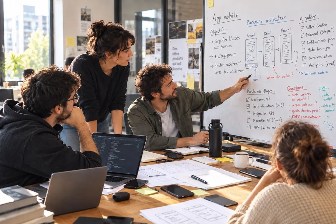 Team of developers designing the user journeys, features and mockups of a mobile app
