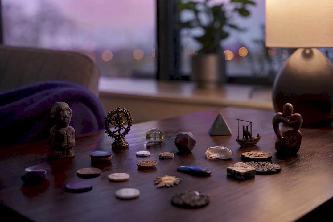 Cultural symbols arrayed on table