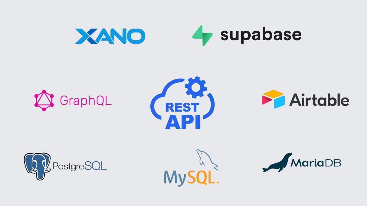Logos of the data sources WeWeb connects to: Xano, Supabase, GraphQL, REST API, Airtable, PostgreSQL, MySQL and MariaDB