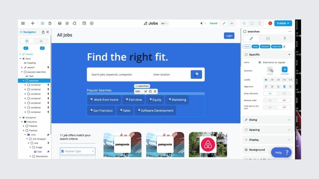 WeWeb editor building a job search page headlined Find the right fit