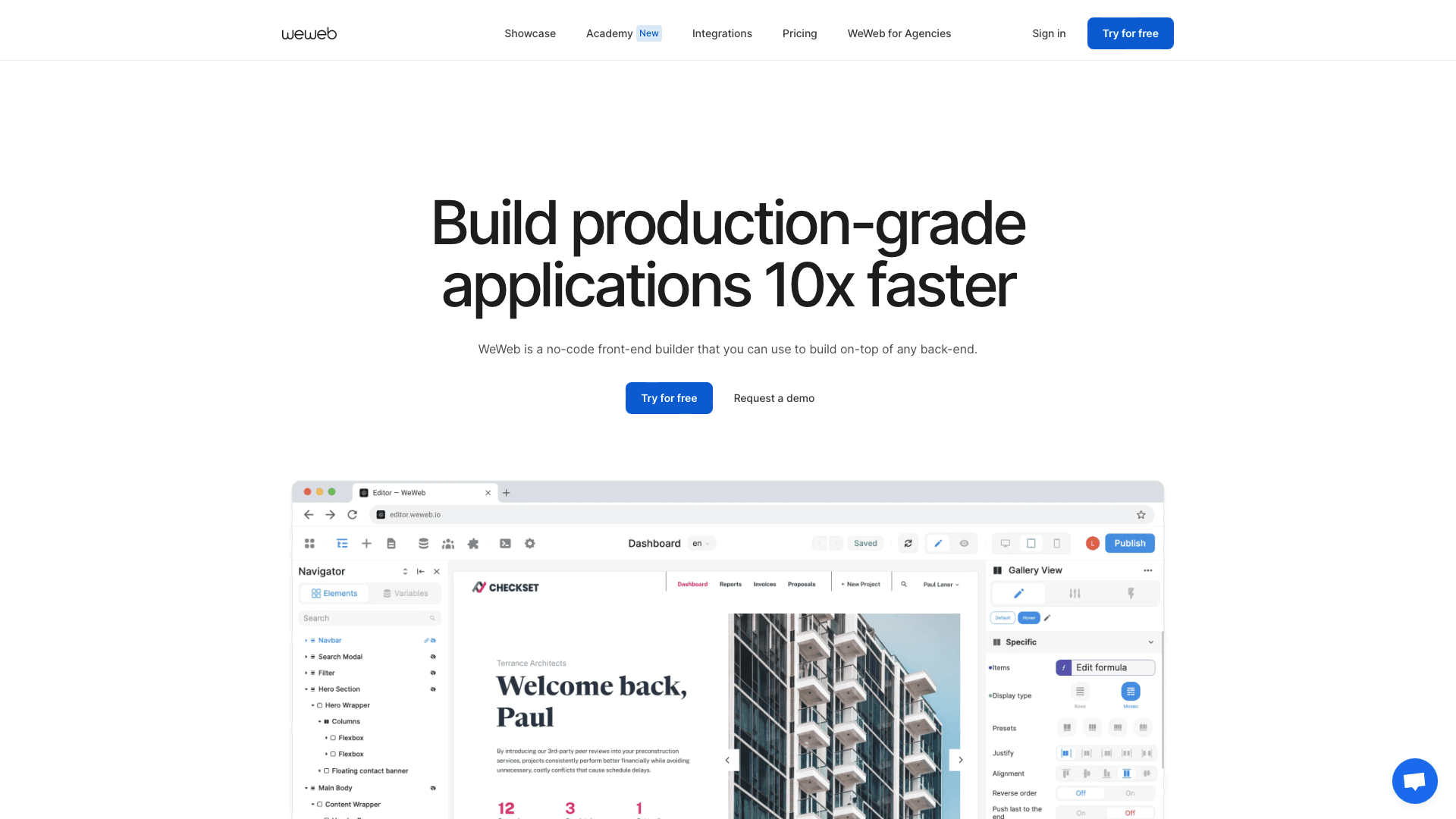 WeWeb page headlined Build production-grade applications 10x faster, above a dashboard example