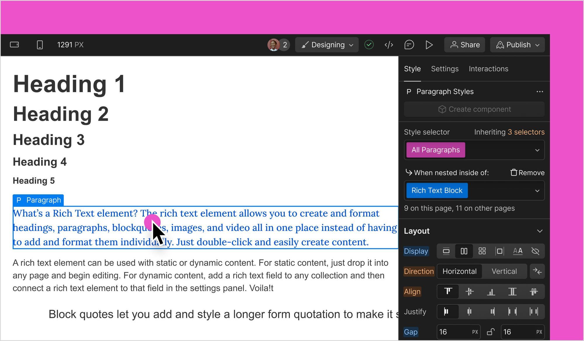 Screenshot of the Webflow editor styling the headings of a rich text element