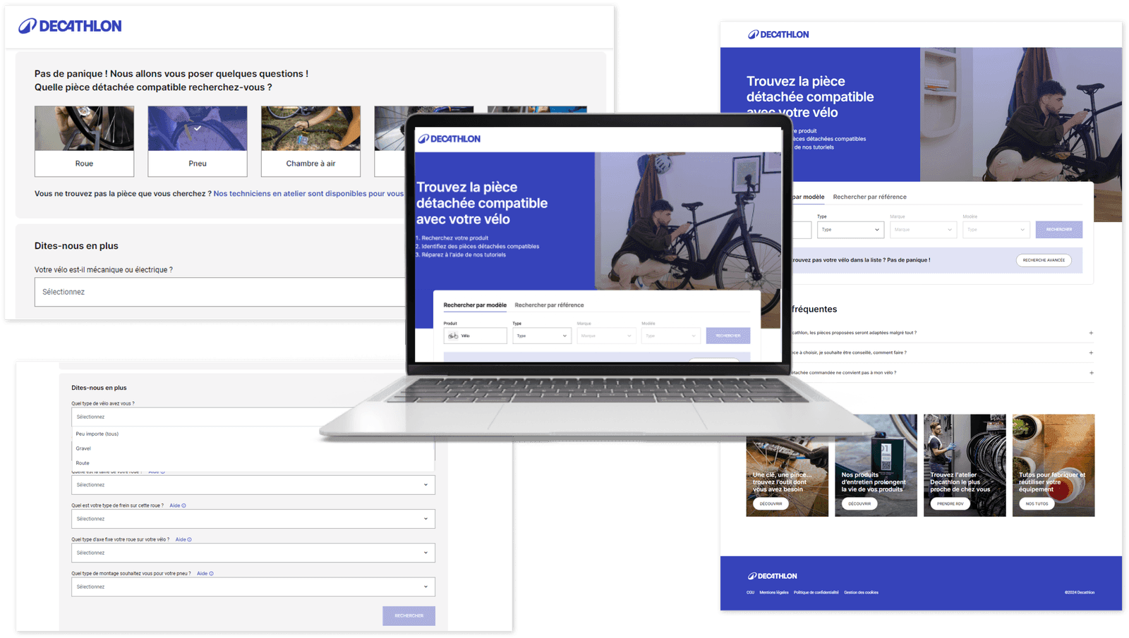 Decathlon Spare Parts Locator screens on a laptop and web pages for finding compatible bike parts