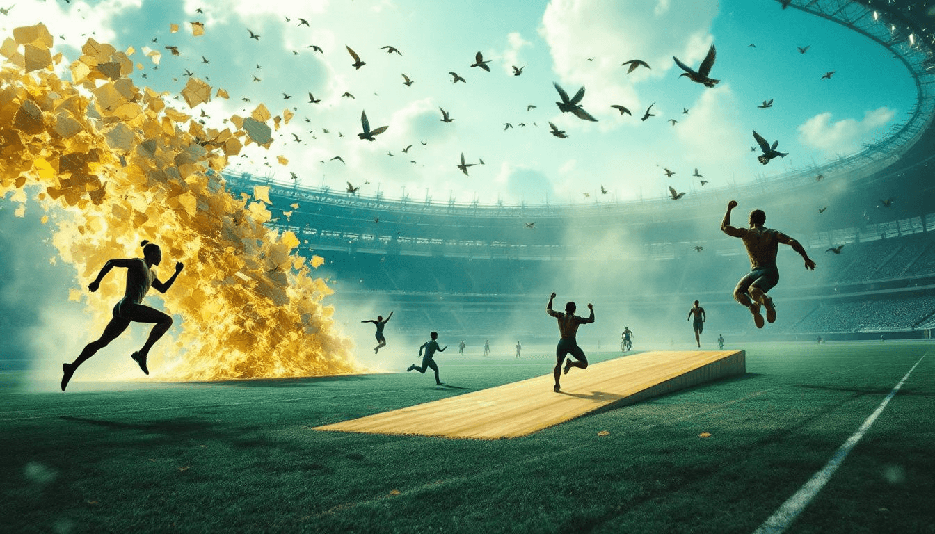 Athletes running and jumping in a stadium beside a burst of golden fragments