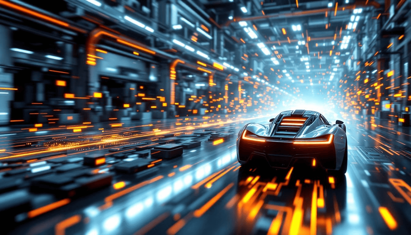 Sports car speeding through a futuristic tunnel of orange data lights
