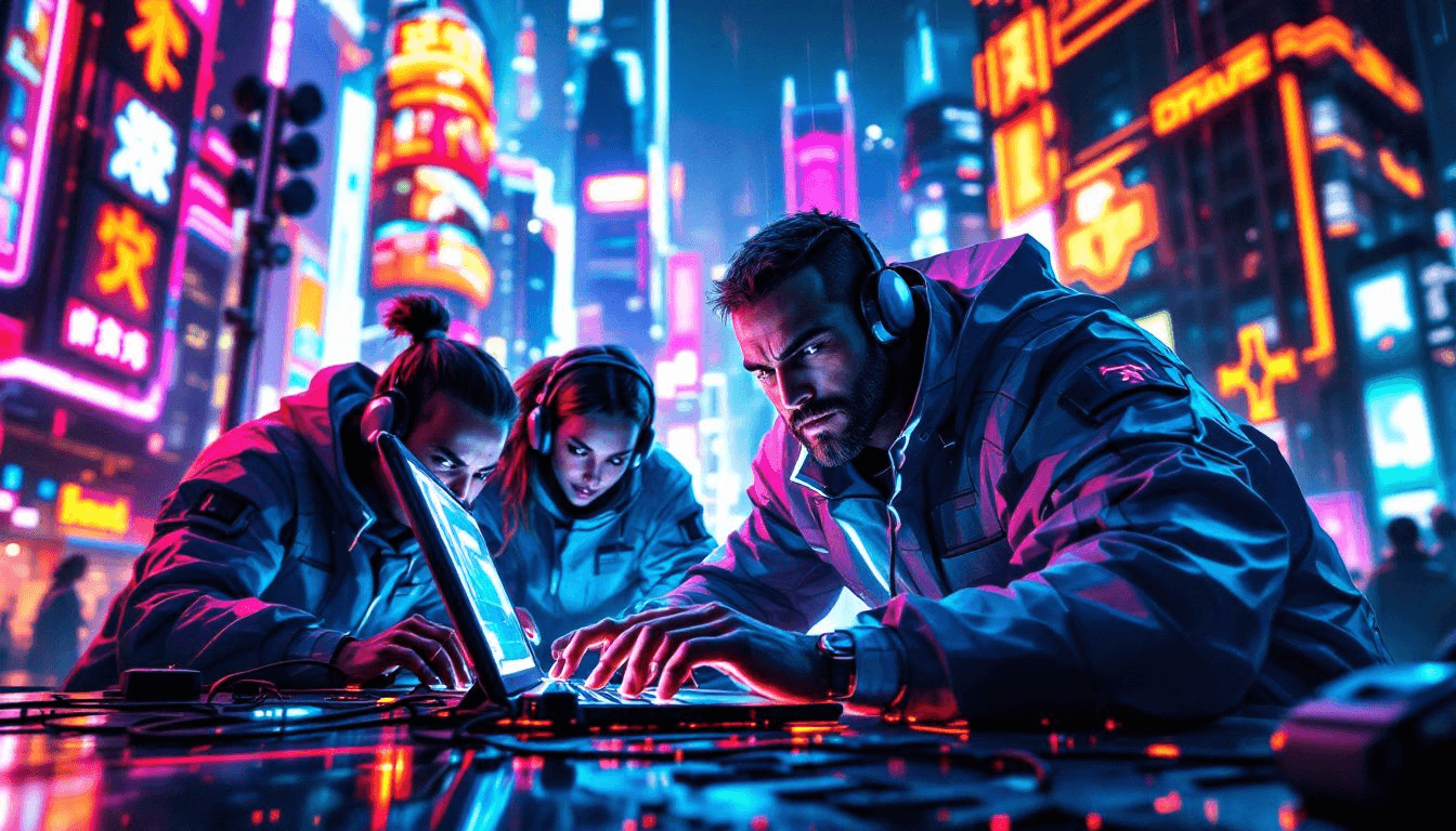 Developers with headphones coding on laptops in a neon-lit city