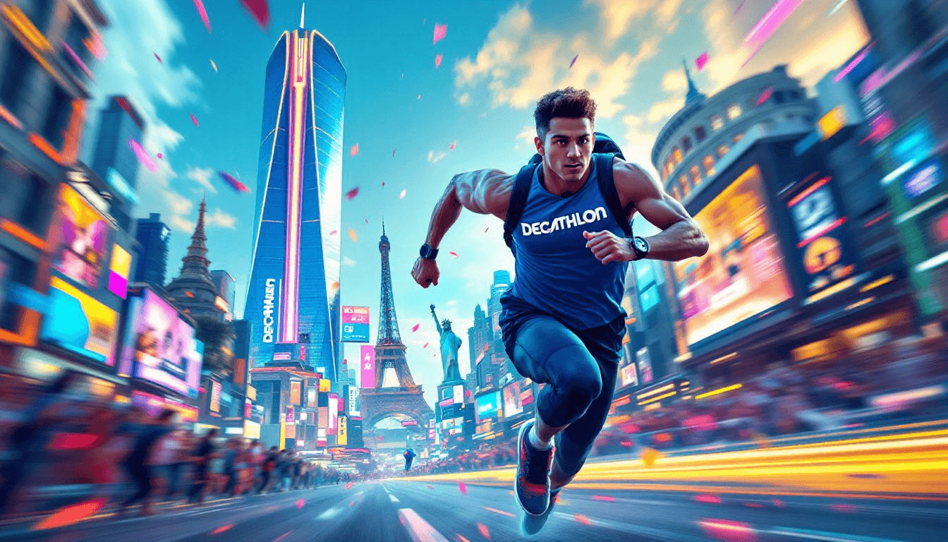 Runner in a Decathlon tank top sprinting through a colorful city street