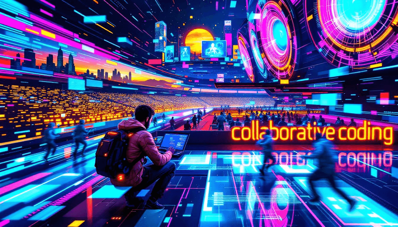 Developer with a laptop in a futuristic neon arena labeled collaborative coding