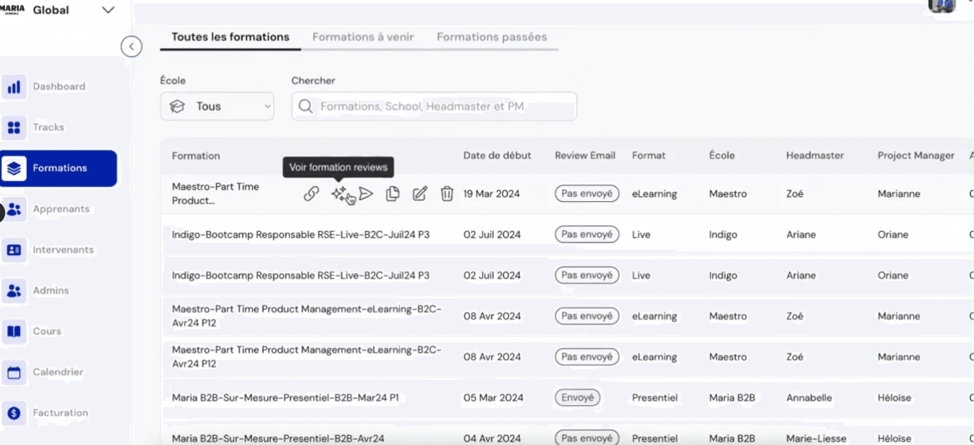 Screenshot of the Maria Schools platform listing training courses with their dates and formats
