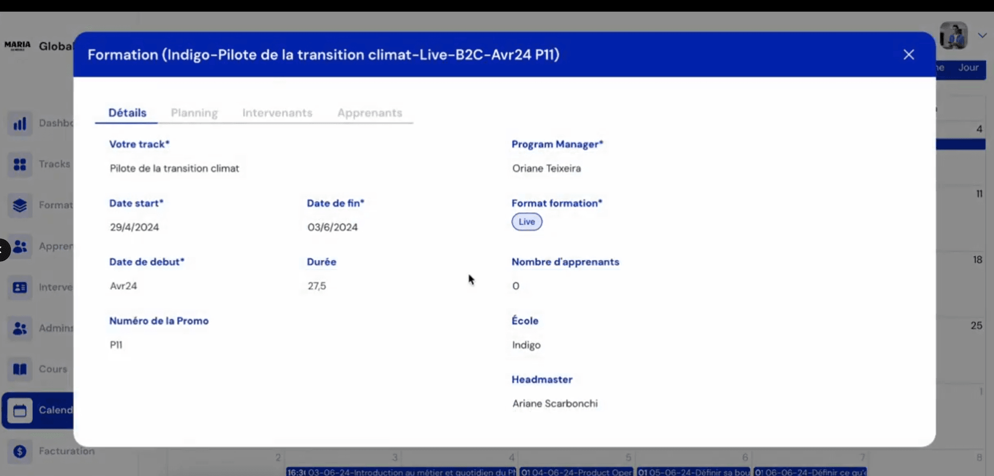 Screenshot of a Maria Schools course sheet showing its details, dates and programme manager