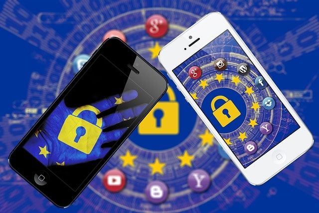 Two phones displaying padlocks surrounded by app and security icons