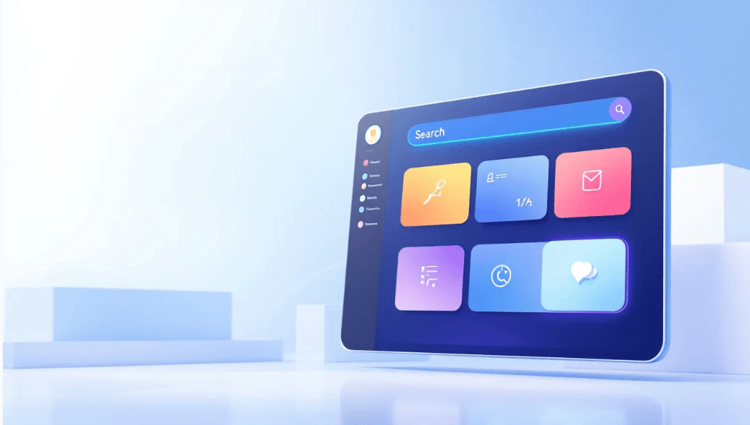 Illustration of a tablet showing an app dashboard with a search bar and coloured tiles