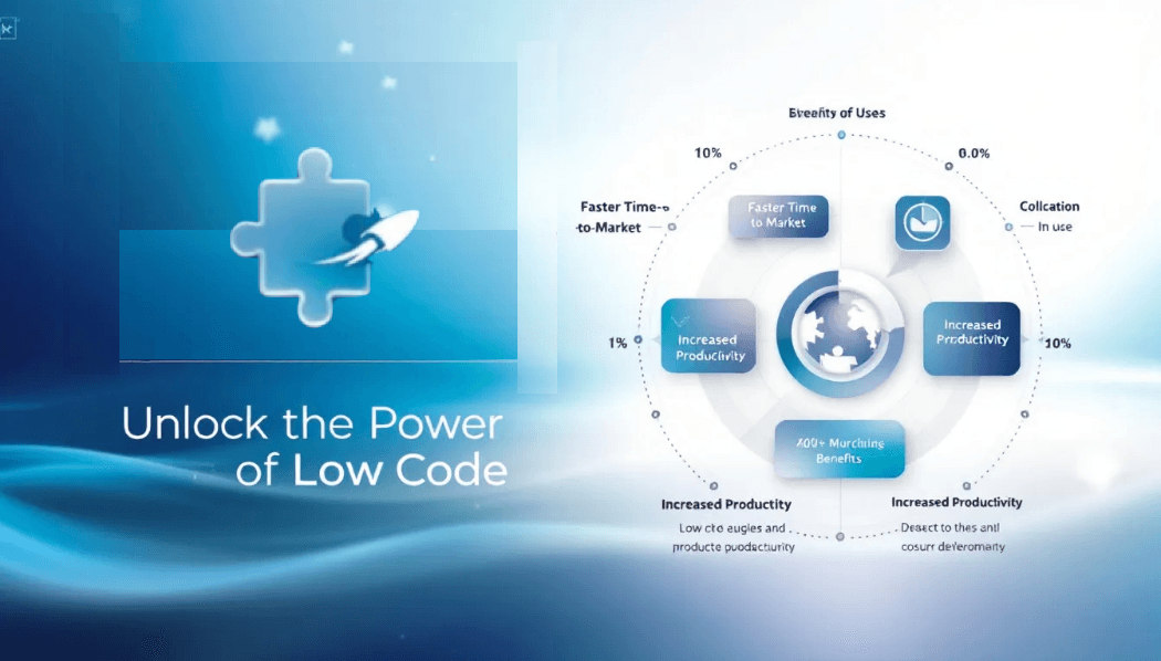Slide titled Unlock the Power of Low Code, with a diagram of its benefits and adoption figures