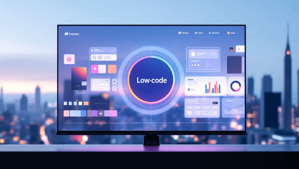 Large screen reading Low-code, surrounded by dashboards, above a city skyline