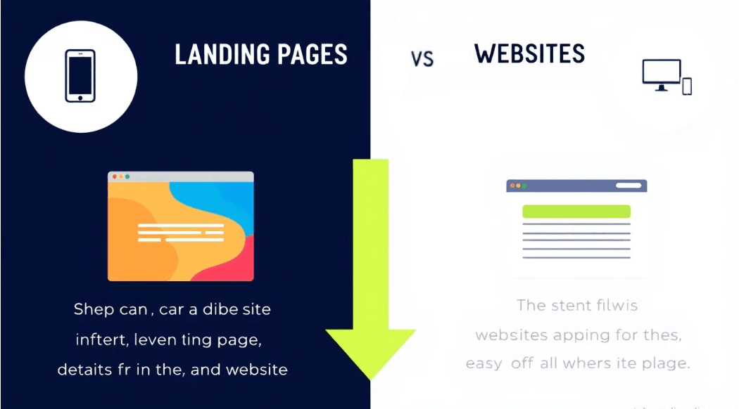 Slide comparing landing pages and websites, each with its own layout example