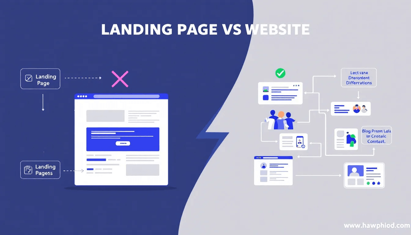 Landing page versus website diagram, contrasting a single-page funnel with a multi-page site