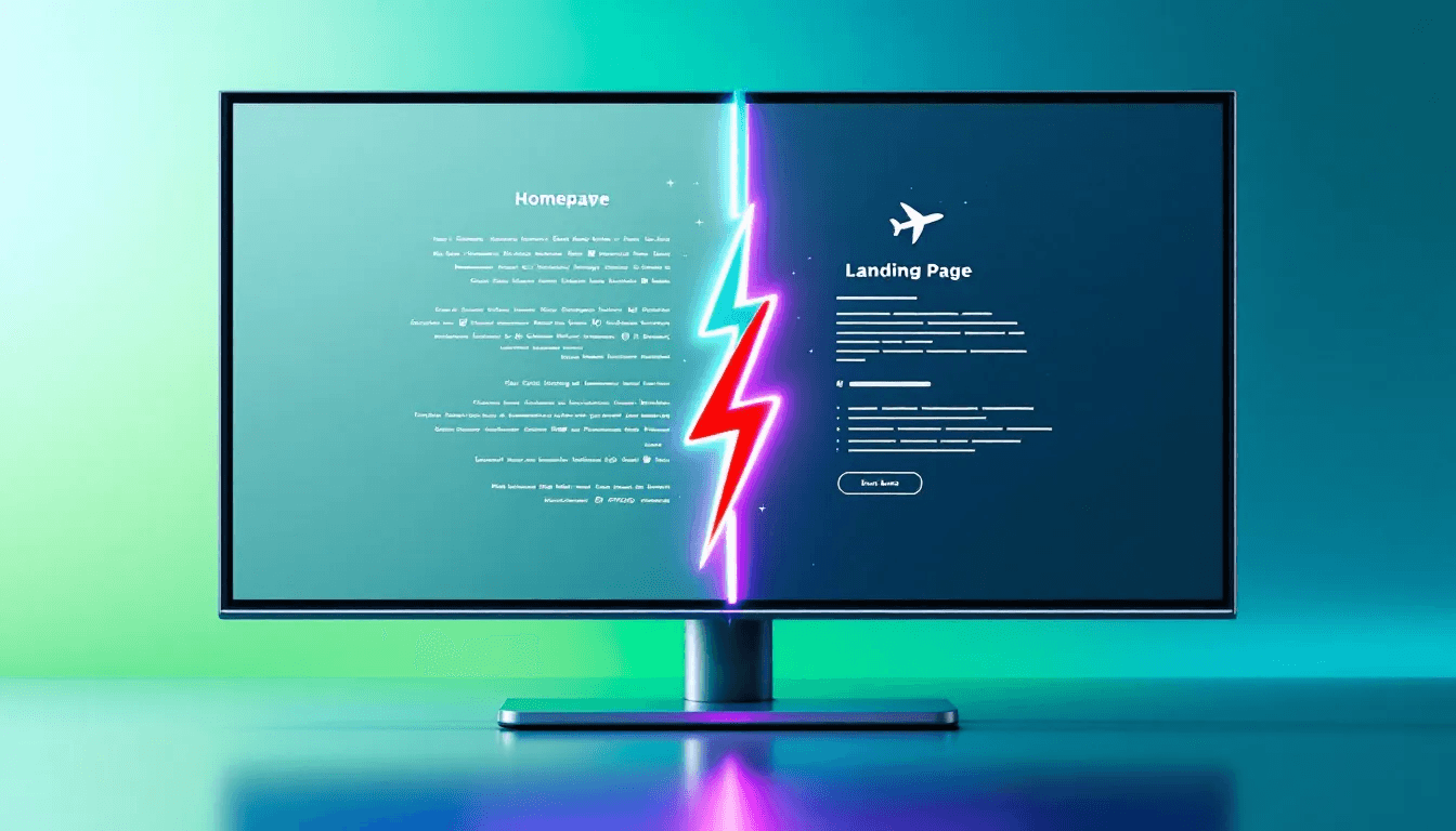 Monitor split in two by a lightning bolt, one half showing a home page and the other a landing page