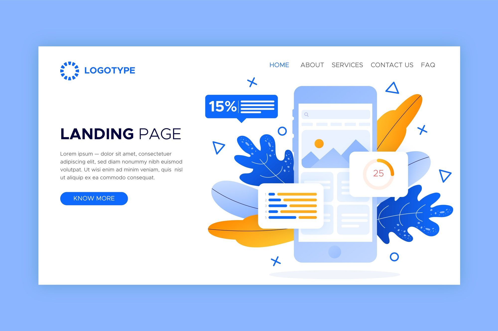 Illustration of a landing page layout with a headline, call to action and promotional graphics