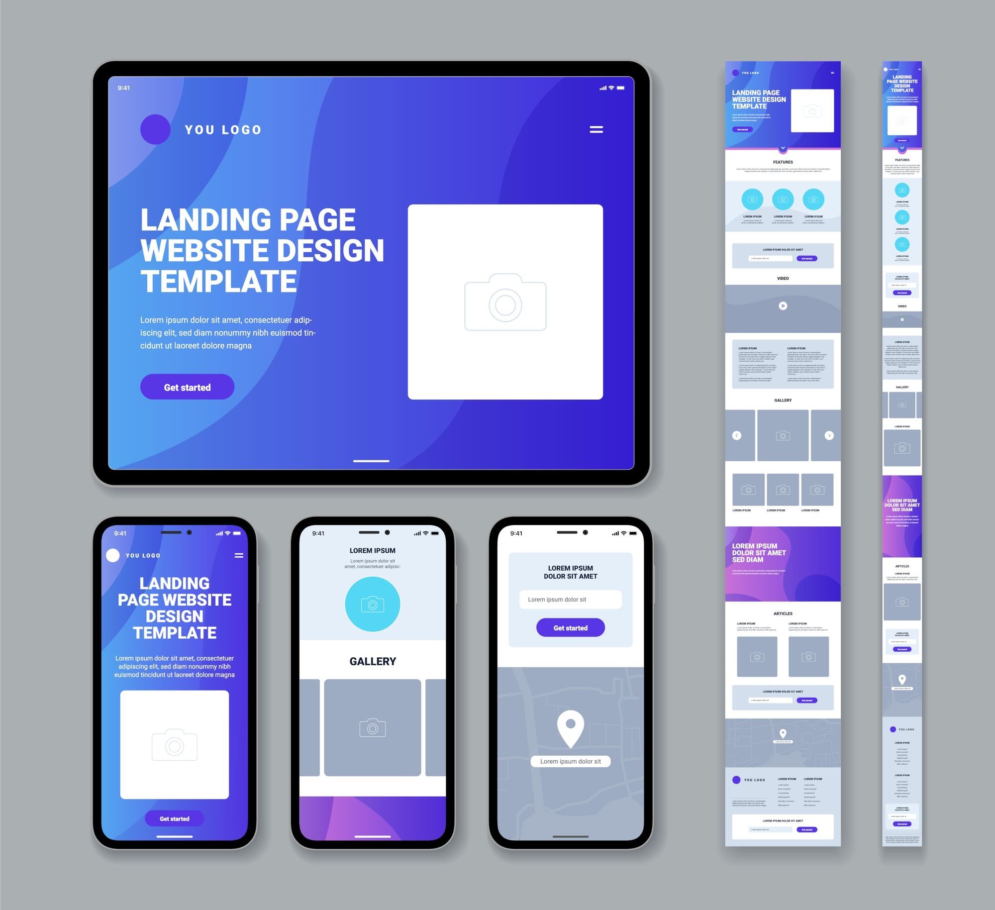 Landing page design template shown on a tablet and several phone screens
