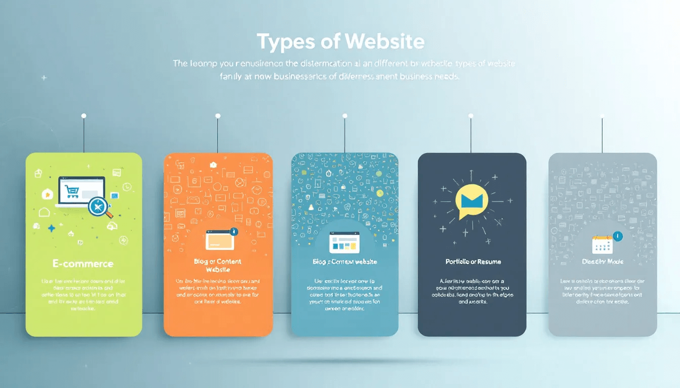 Infographic listing types of website: e-commerce, blog, content site, portfolio and one-page site