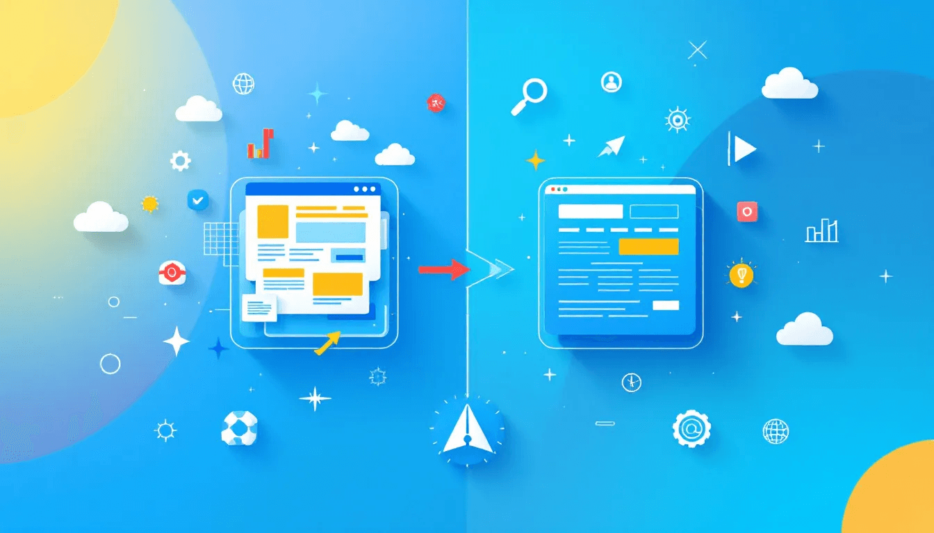 Illustration of two web page layouts side by side, surrounded by cloud and analytics icons