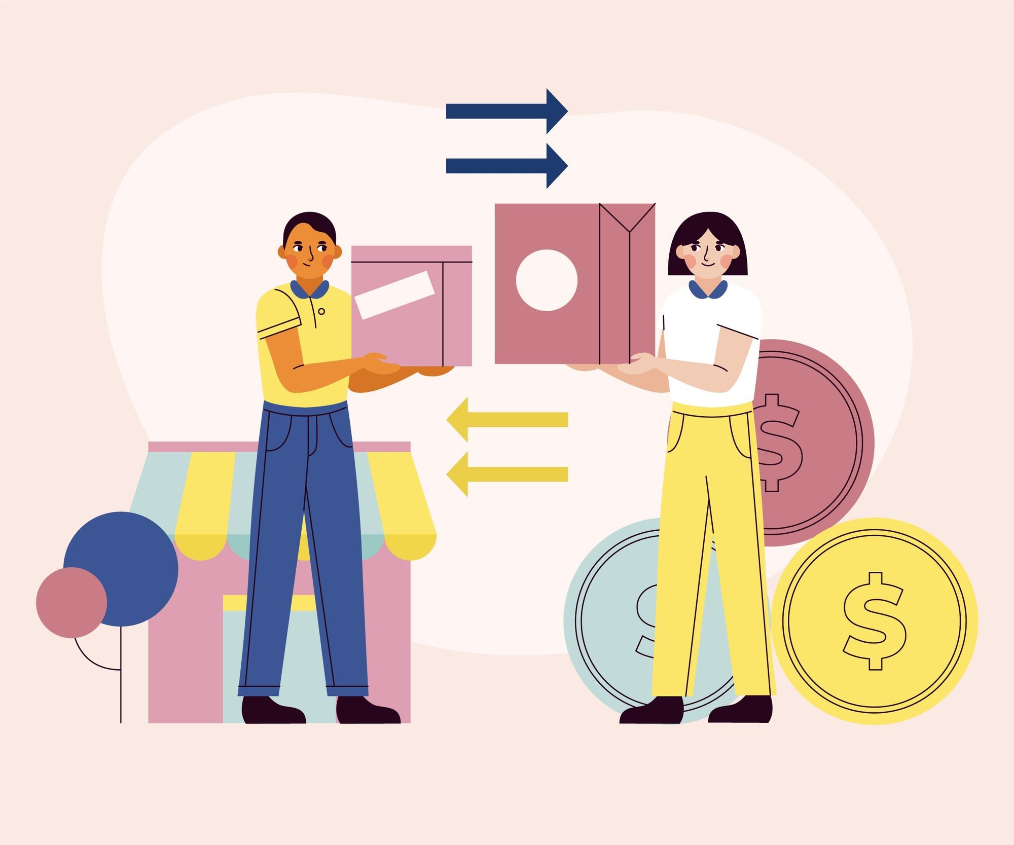 Illustration of a shop owner handing a package to a customer, with payment arrows and coins