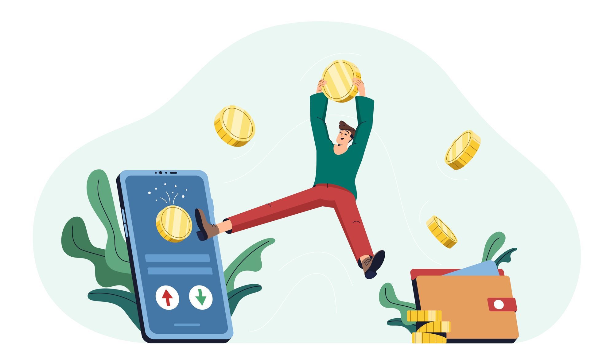 Illustration of a man leaping out of a smartphone holding a coin, with coins dropping into a wallet