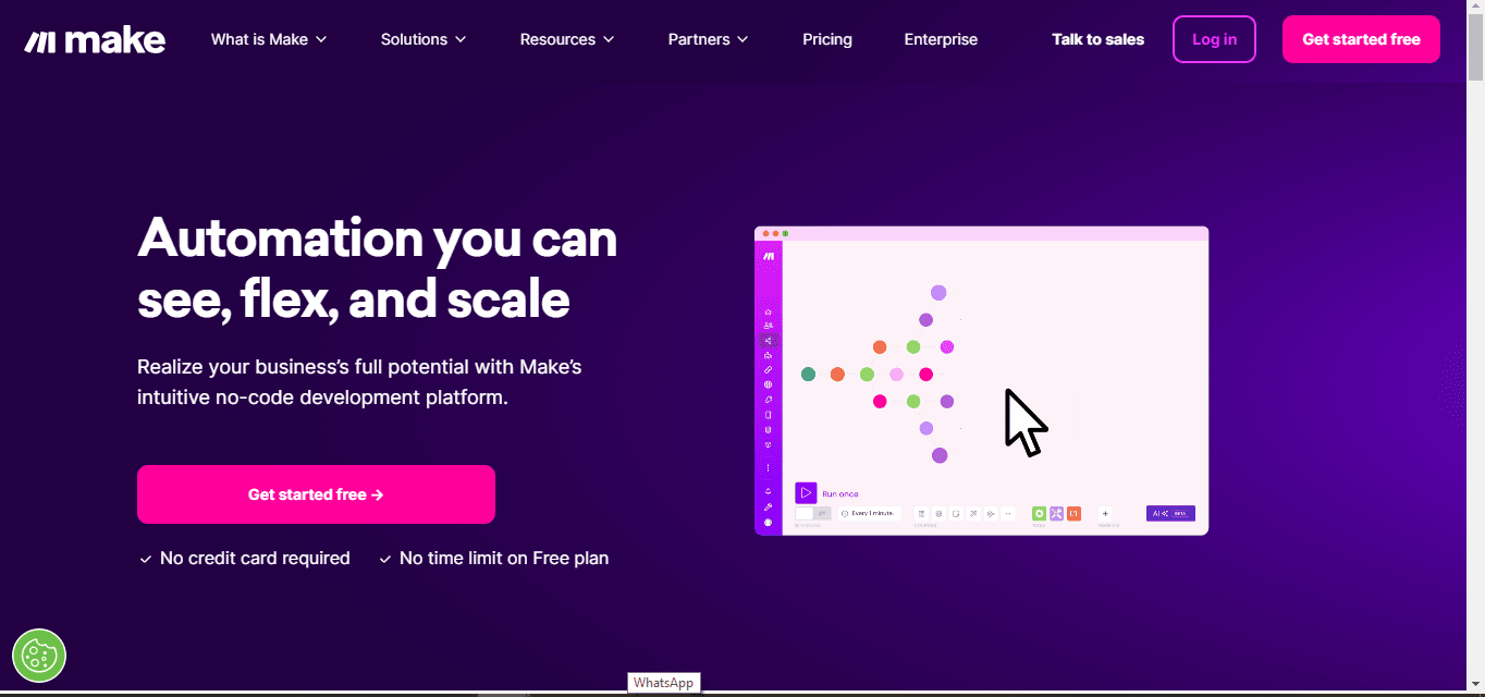 Screenshot of the Make home page headlined Automation you can see, flex and scale