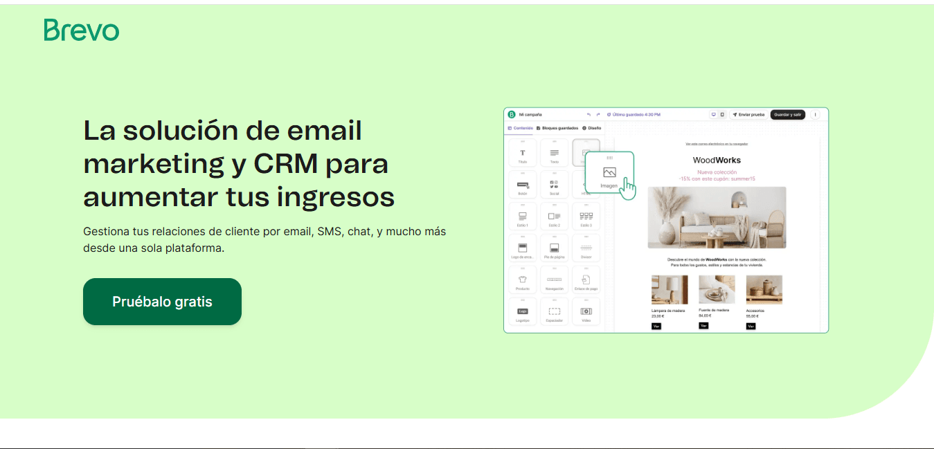 Screenshot of the Brevo home page presenting its email marketing and CRM platform