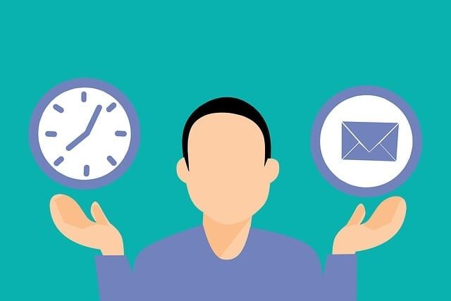 Flat illustration of a person standing between a clock icon and an envelope icon