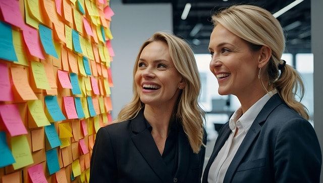Two businesswomen talking in front of a wall covered in colourful sticky notes