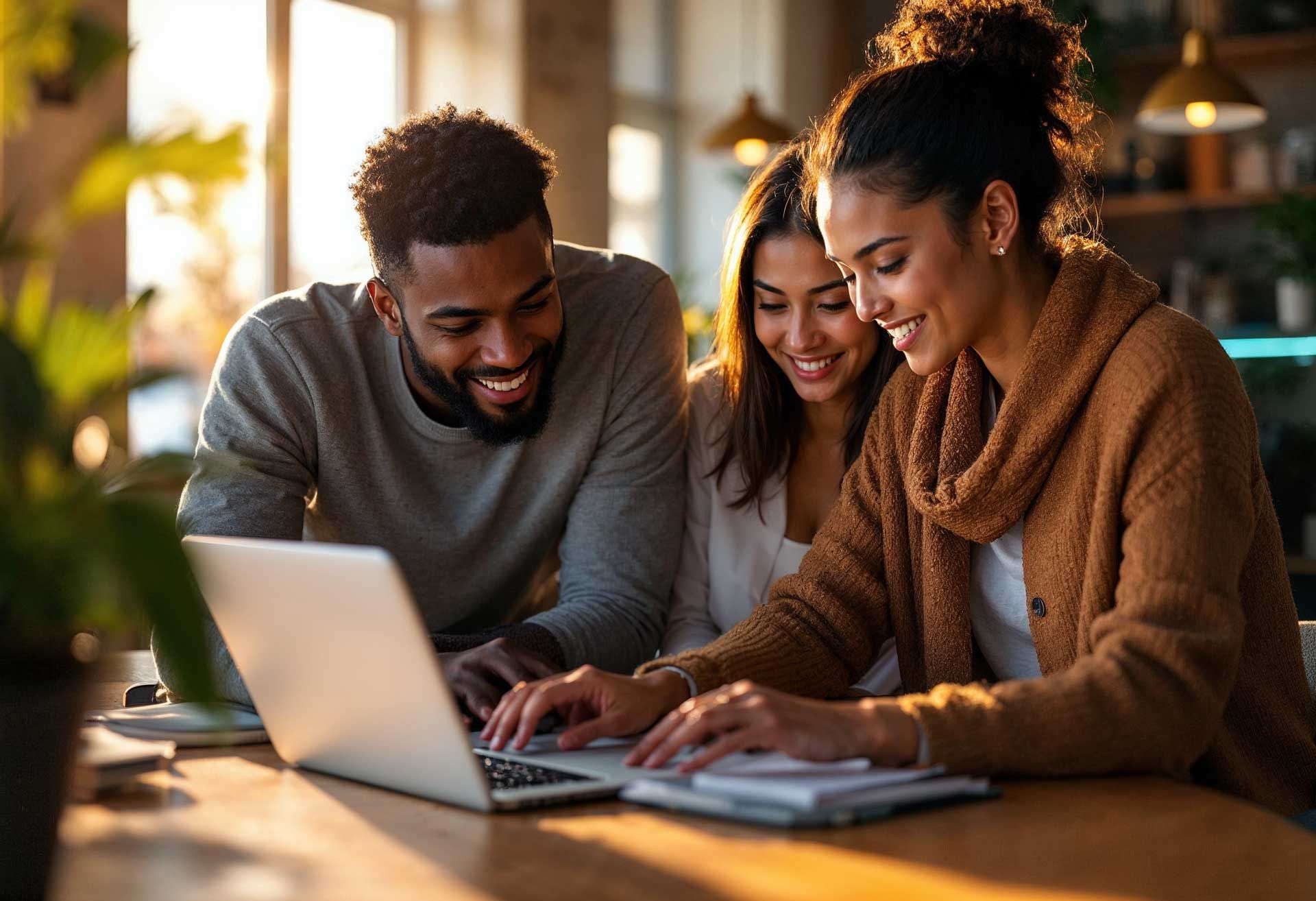 Three colleagues laughing together in front of a laptop in a cafe
