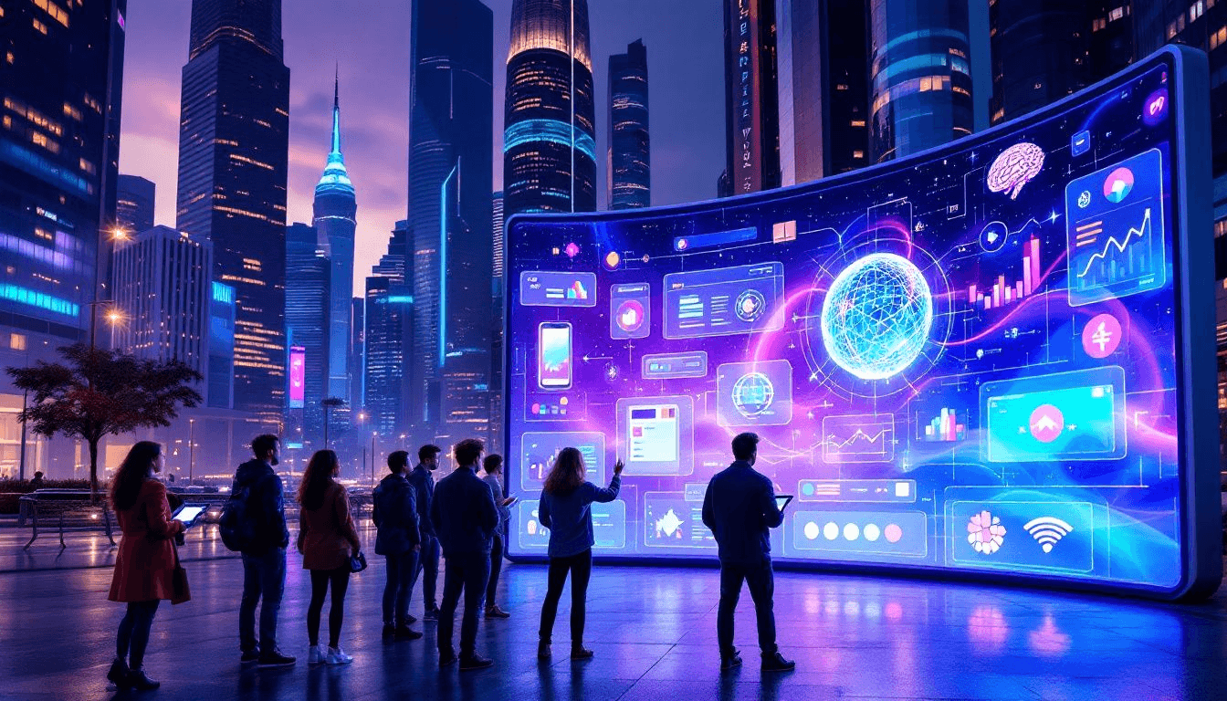 People facing a giant curved screen full of dashboards in a neon-lit city