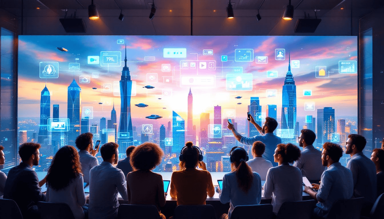 Audience watching a wall screen showing a futuristic city and floating icons