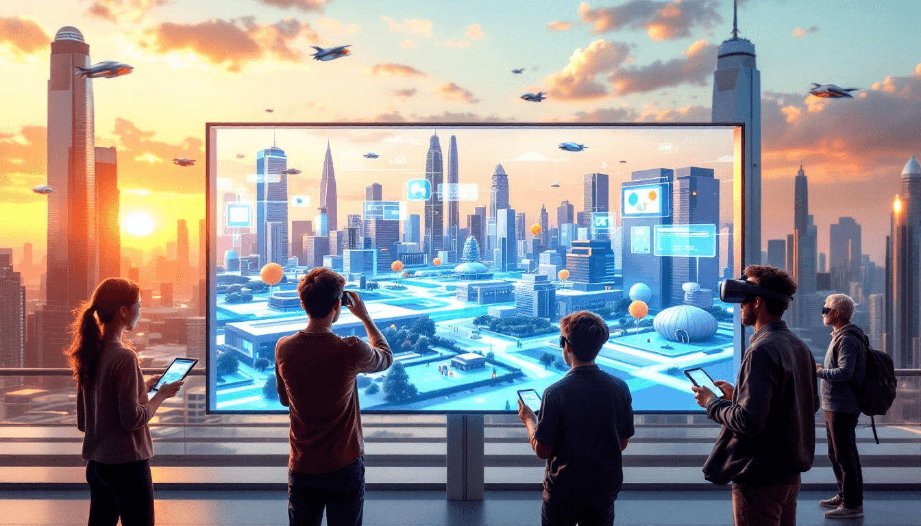 People in front of a large screen displaying a city and interface panels at sunset