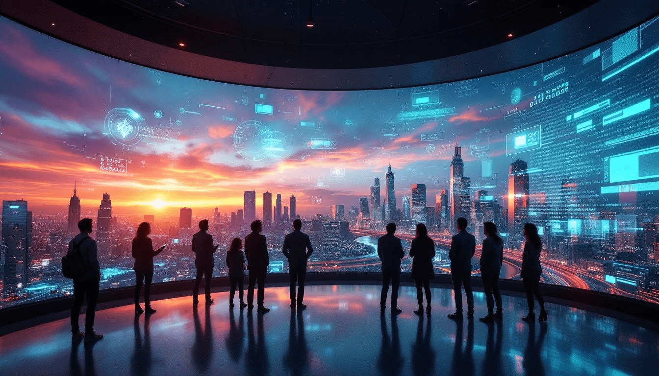 Silhouettes facing a panoramic screen showing a futuristic city at sunset