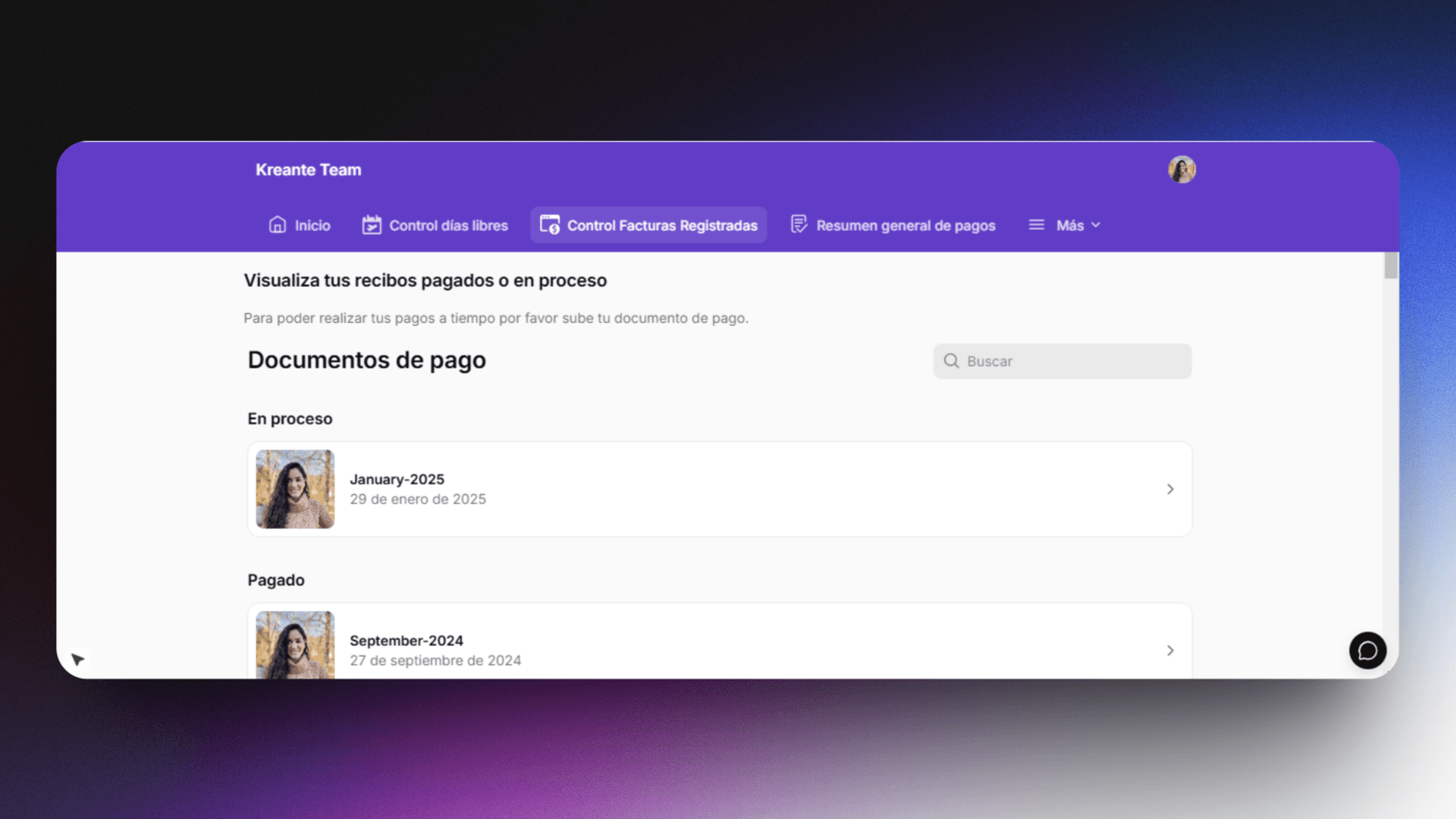 Screenshot of the Kreanters HR app listing payment documents in progress and already paid