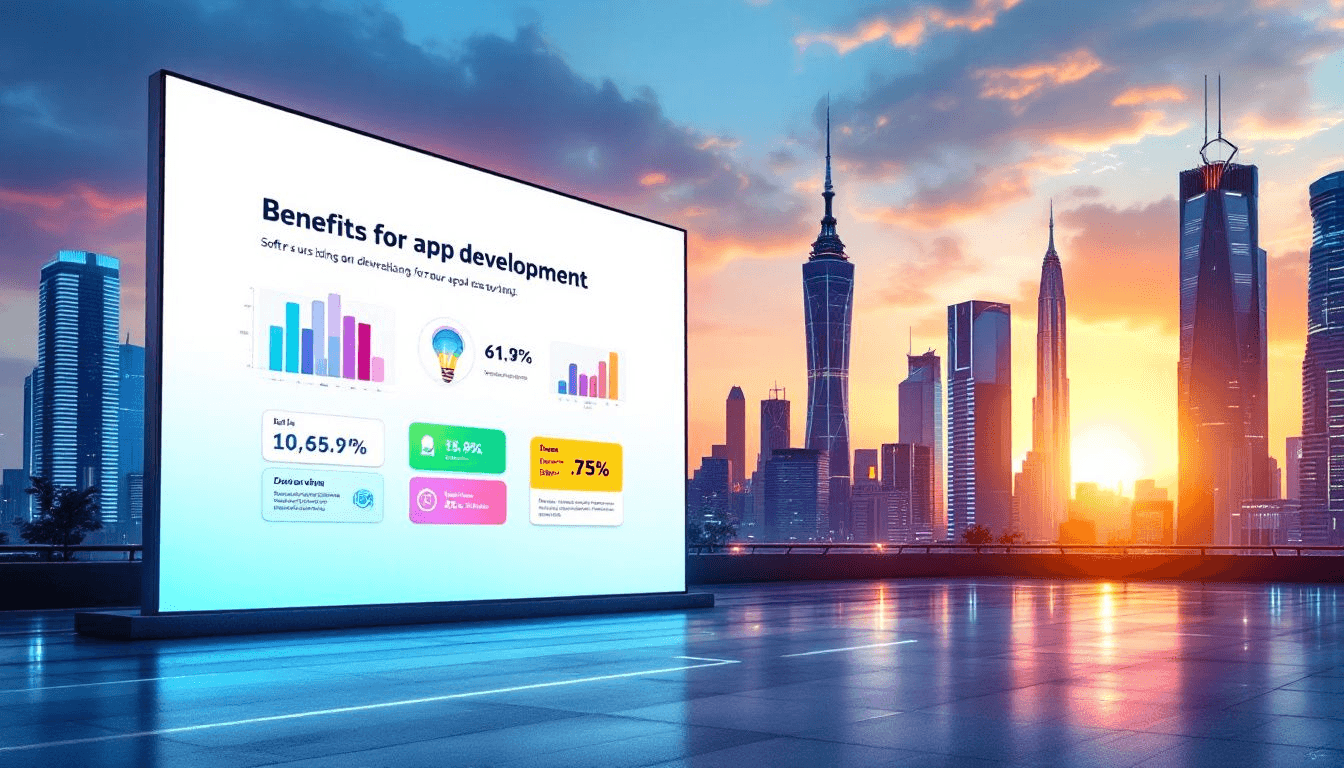 Giant screen showing app development benefit charts above a city skyline at sunset