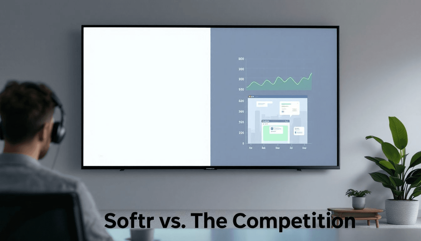 Presentation slide titled Softr vs. The Competition displayed on a meeting room screen