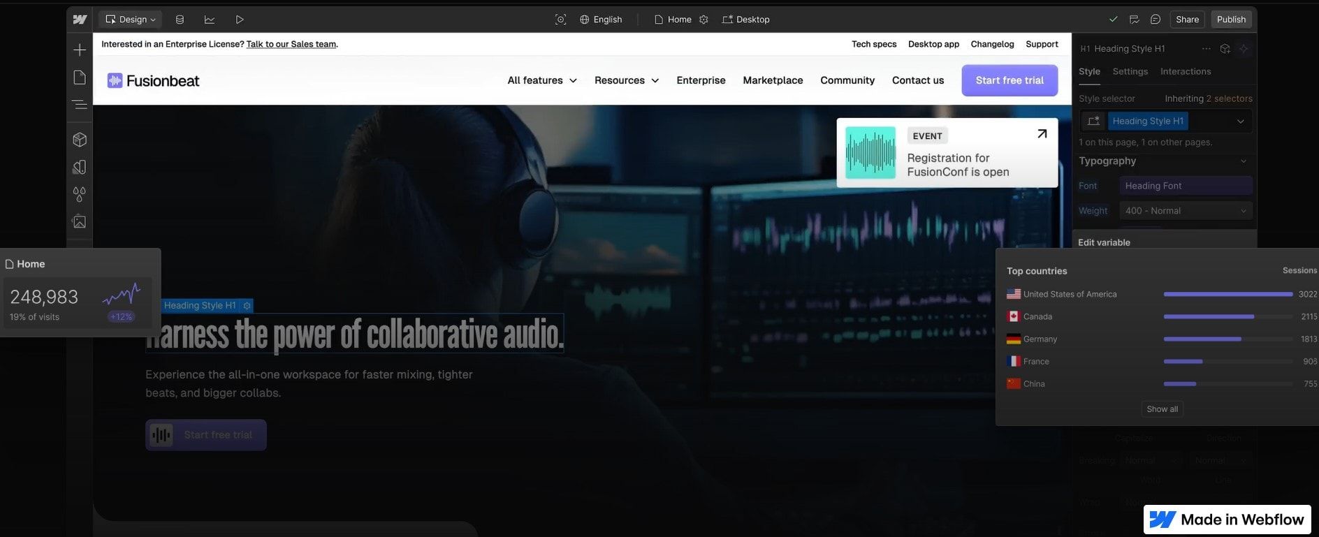 Webflow Designer editing the homepage of the Fusionbeat audio website