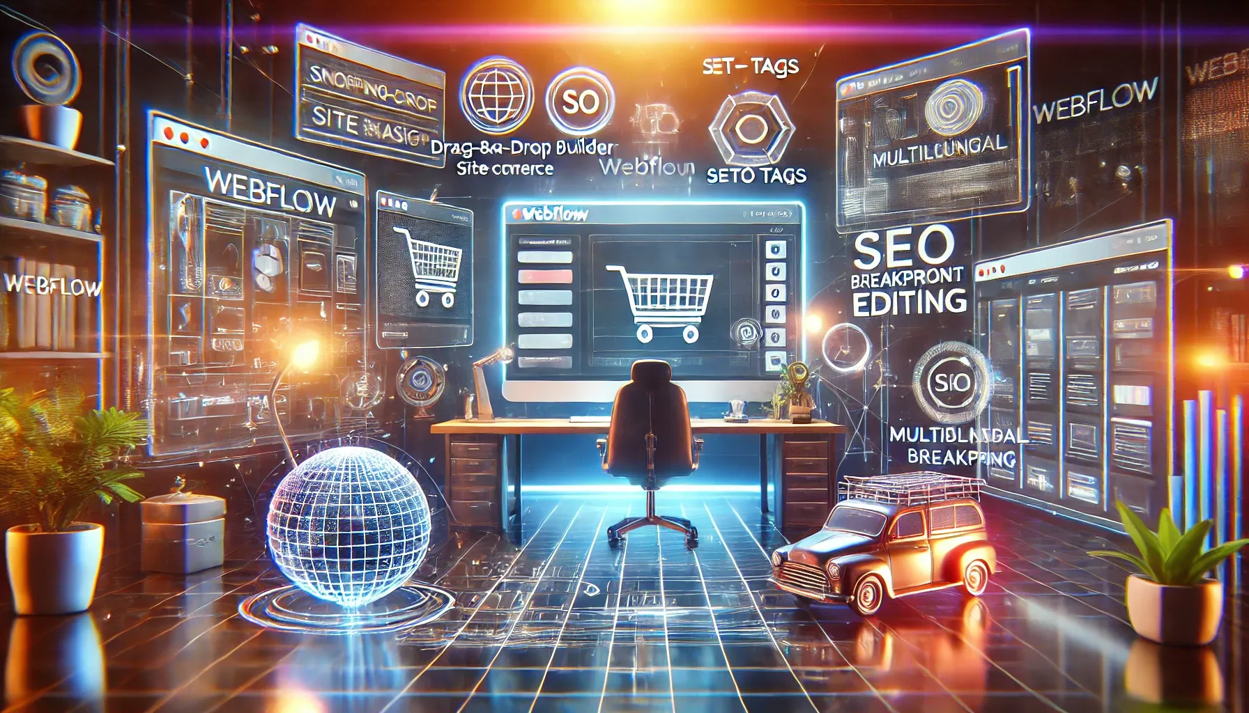 Futuristic studio illustration of Webflow features such as e-commerce, SEO and multilingual editing