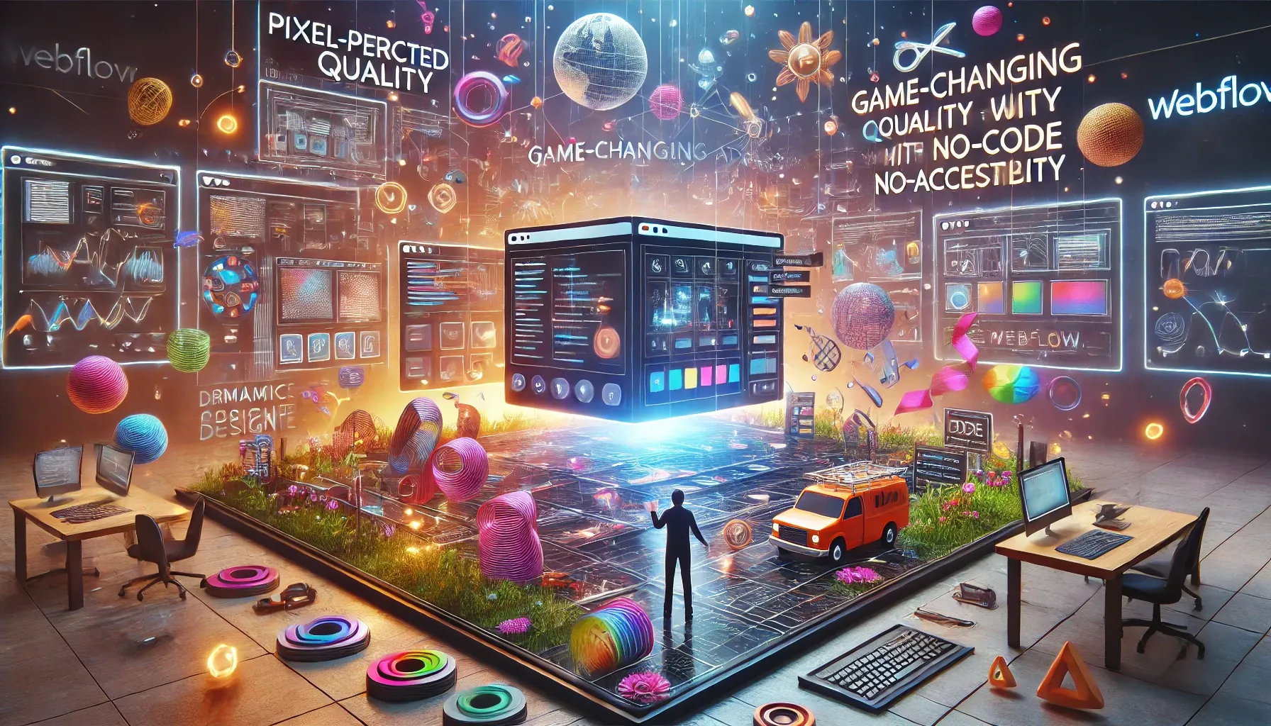 Illustration of a creative workspace representing Webflow design quality and no-code accessibility