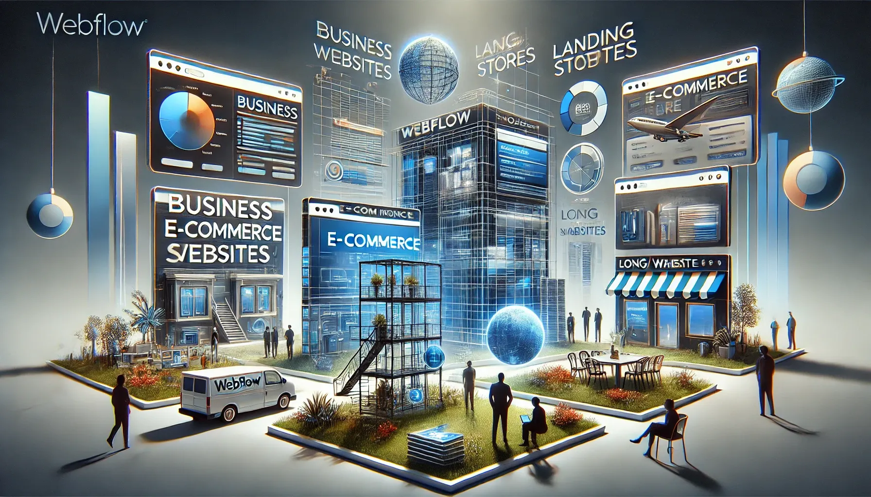 Illustration of a Webflow cityscape of business, e-commerce and landing page websites