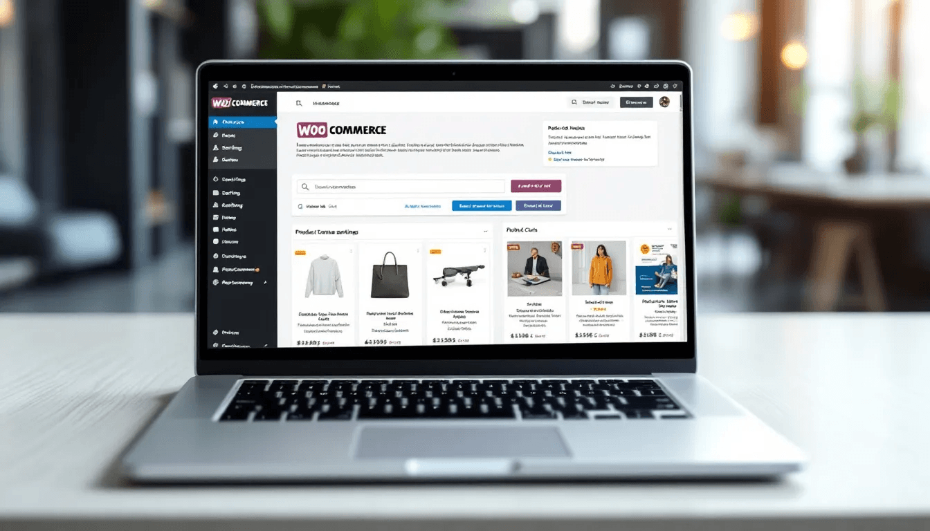 Laptop showing the WooCommerce product catalogue