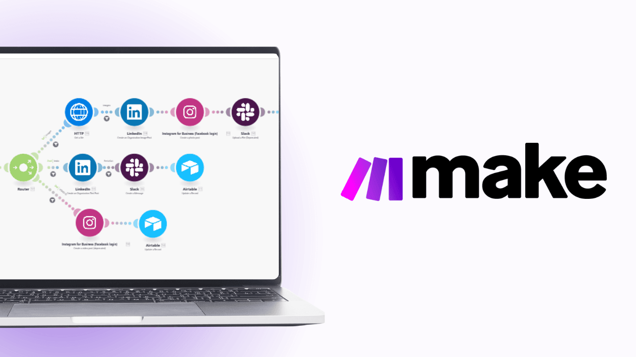 Laptop displaying a Make scenario, beside the Make logo