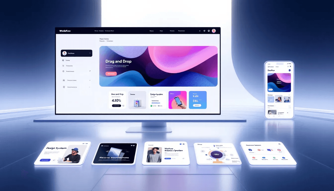 Webflow drag-and-drop editor shown on a monitor, a tablet and a phone