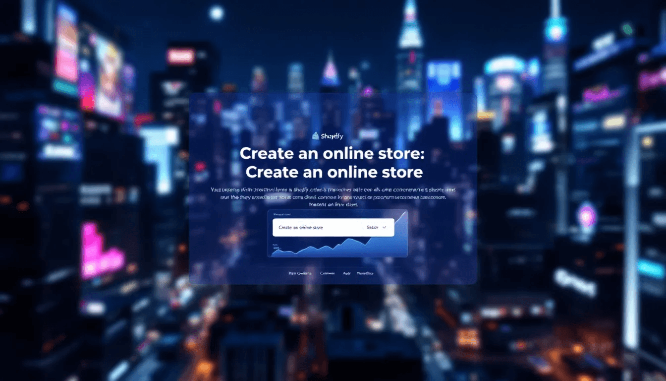 Shopify page inviting the visitor to create an online store, over a night-time city