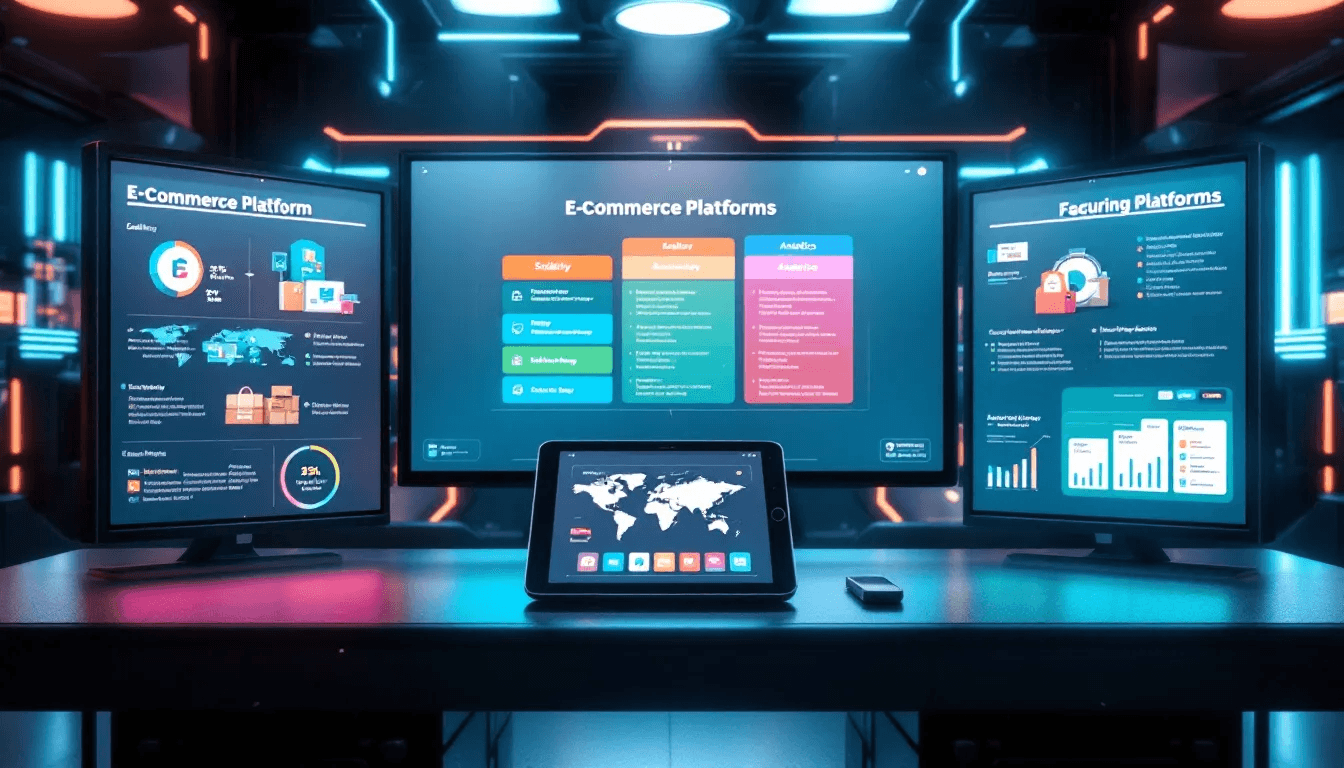 Screens comparing e-commerce platforms and their features